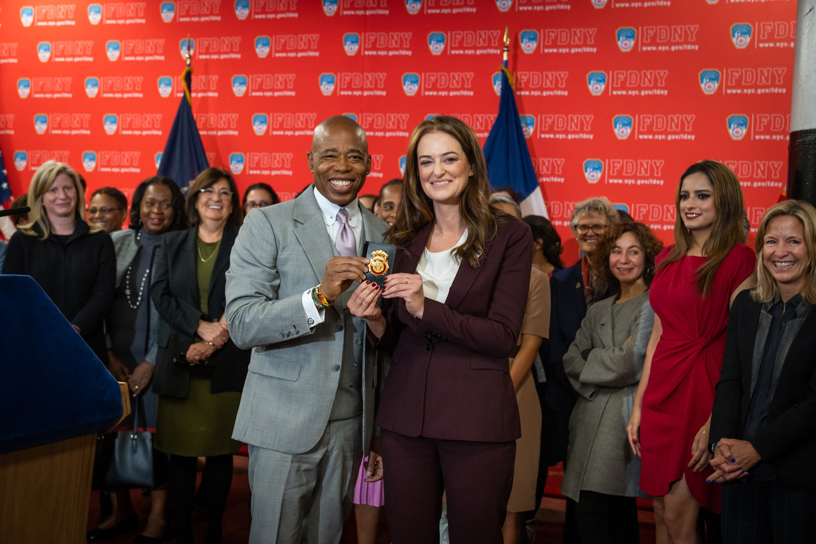 New York City Mayor Eric Adams stands with former FDNY commissioner Laura Kavanagh