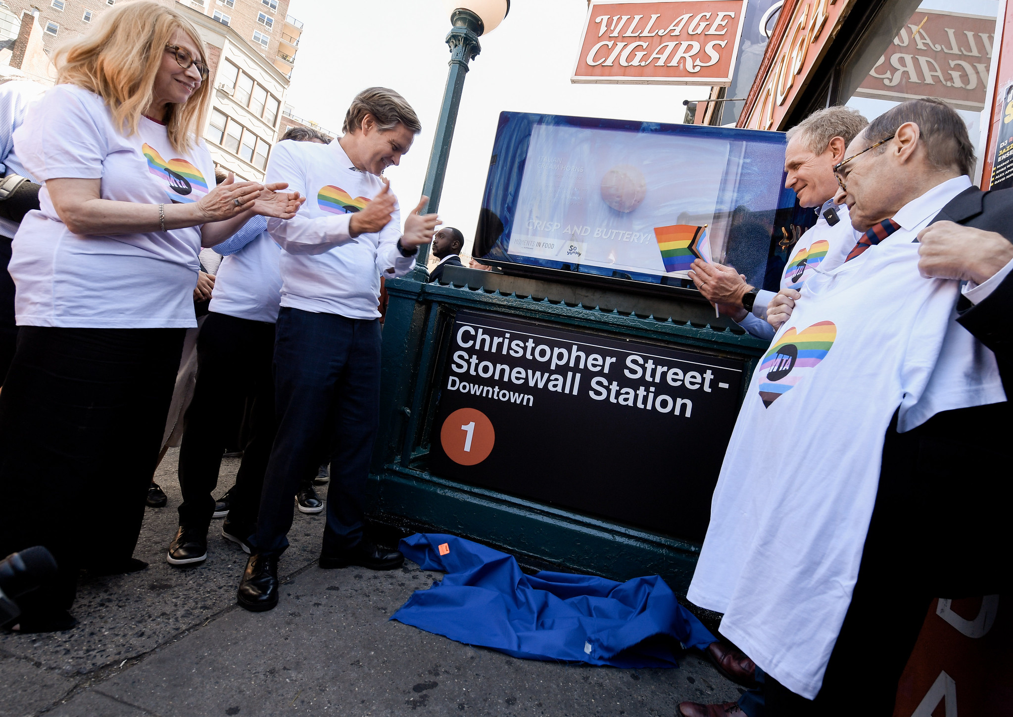 State Assemblymember Linda Rosenthal, State Sen. Brad Hoylman-Sigal, MTA Chair Janno Lieber, and U.S. Rep. Jerrold Nadler unveil a new name for the Christopher Street station.