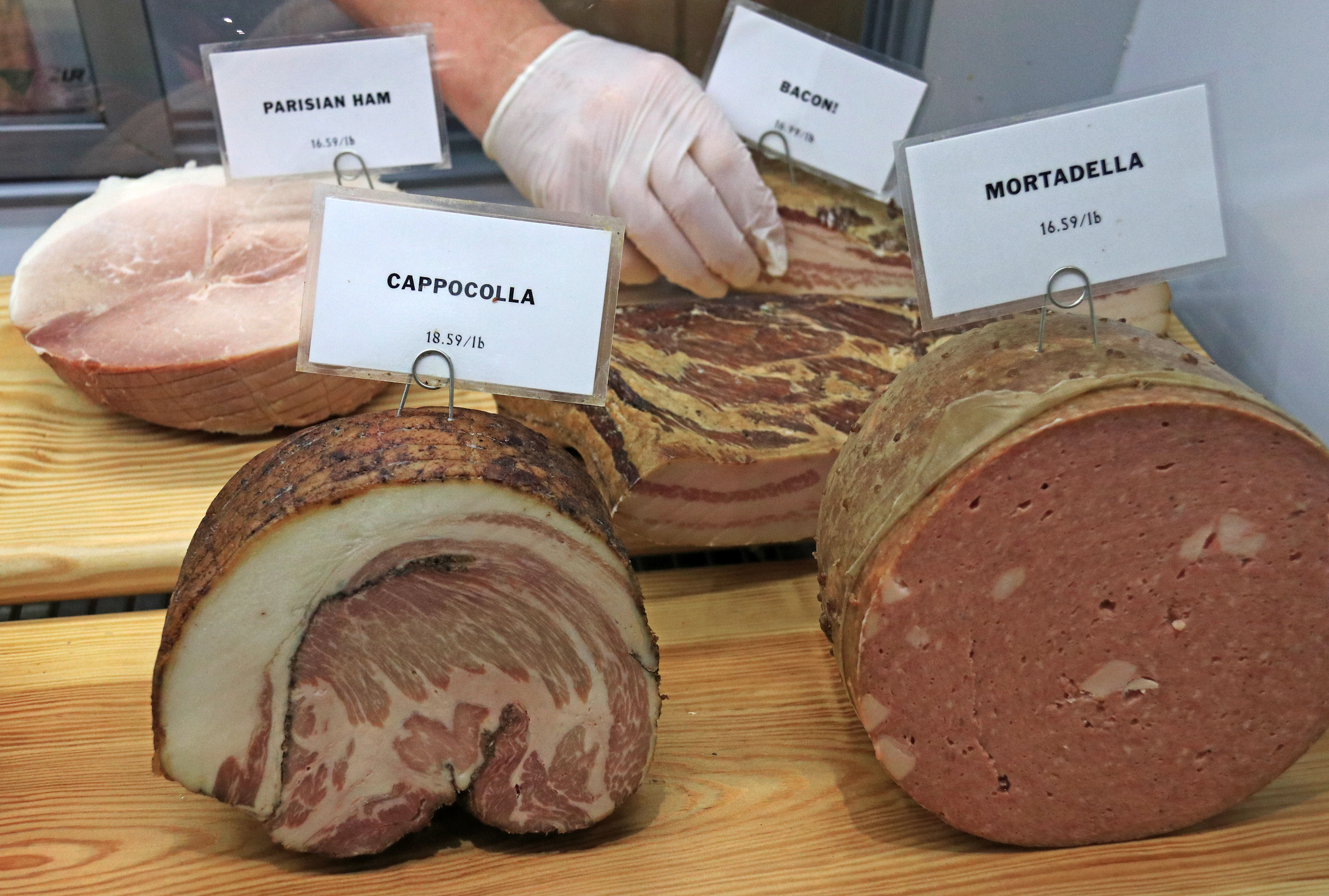 Cold cuts in a deli case in New York City