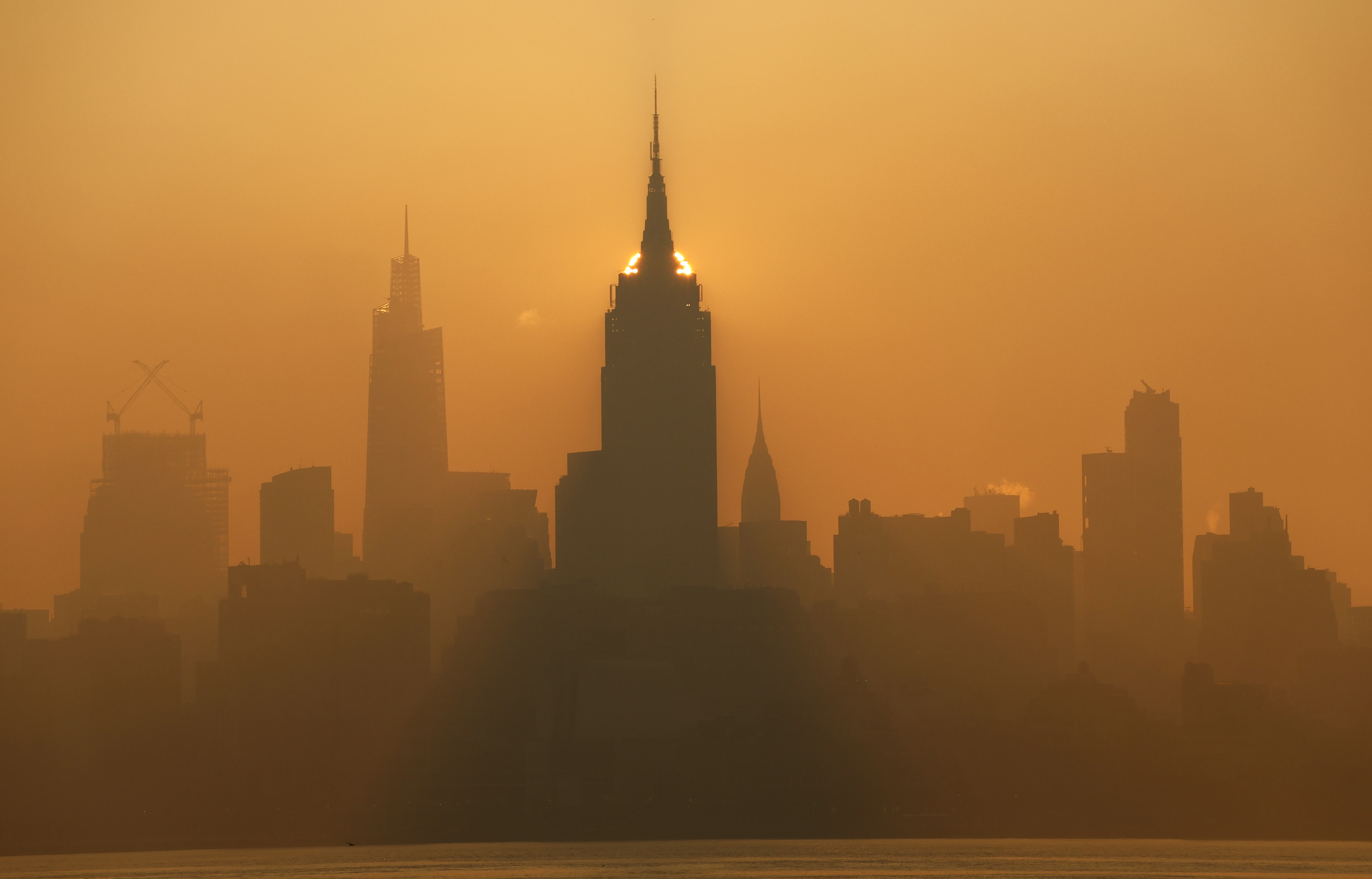 The Manhattan skyline on a hazy day.
