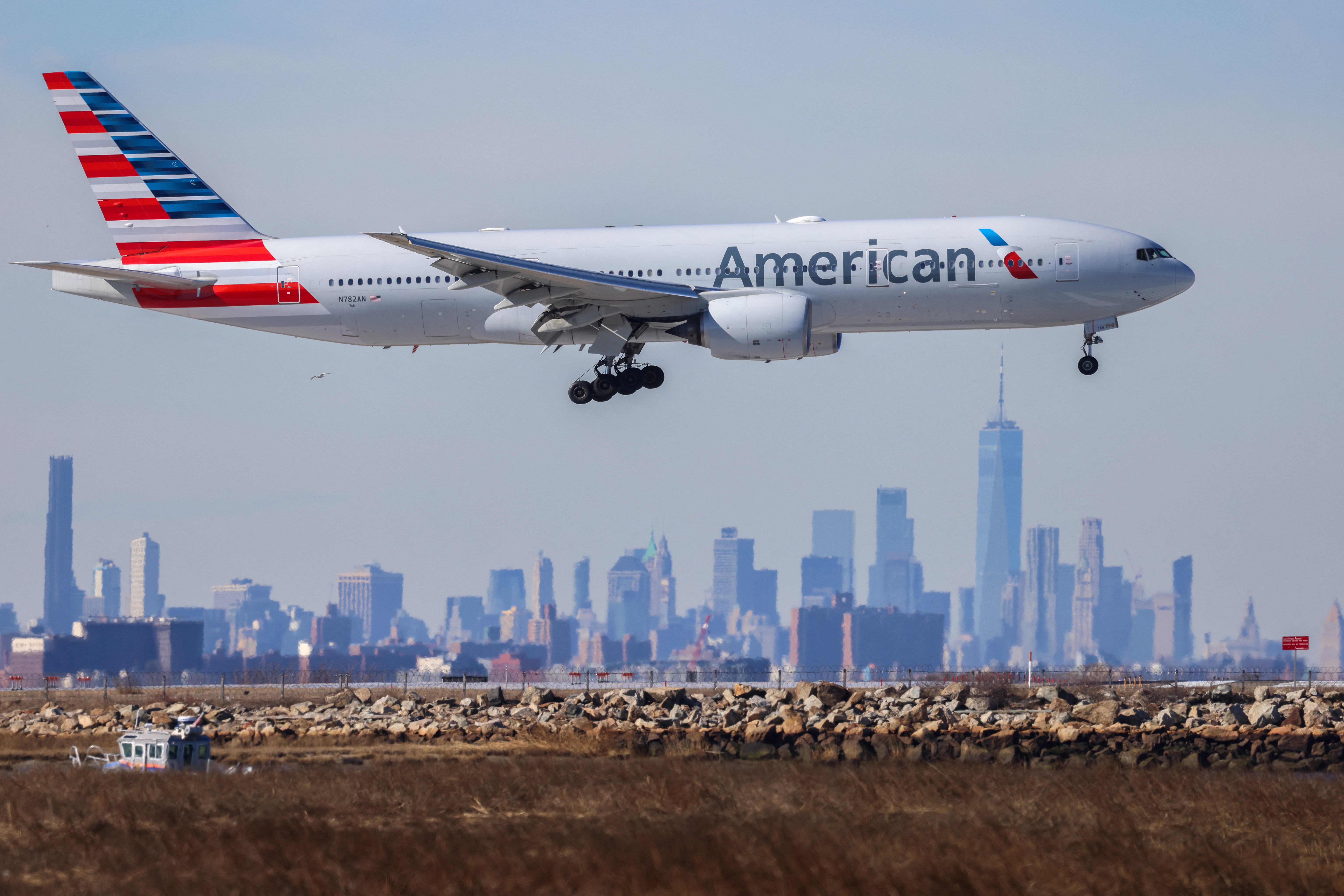 A Boeing 777 passengers aircraft of American Airlines arrives from Milan at JFK International Airport in February.