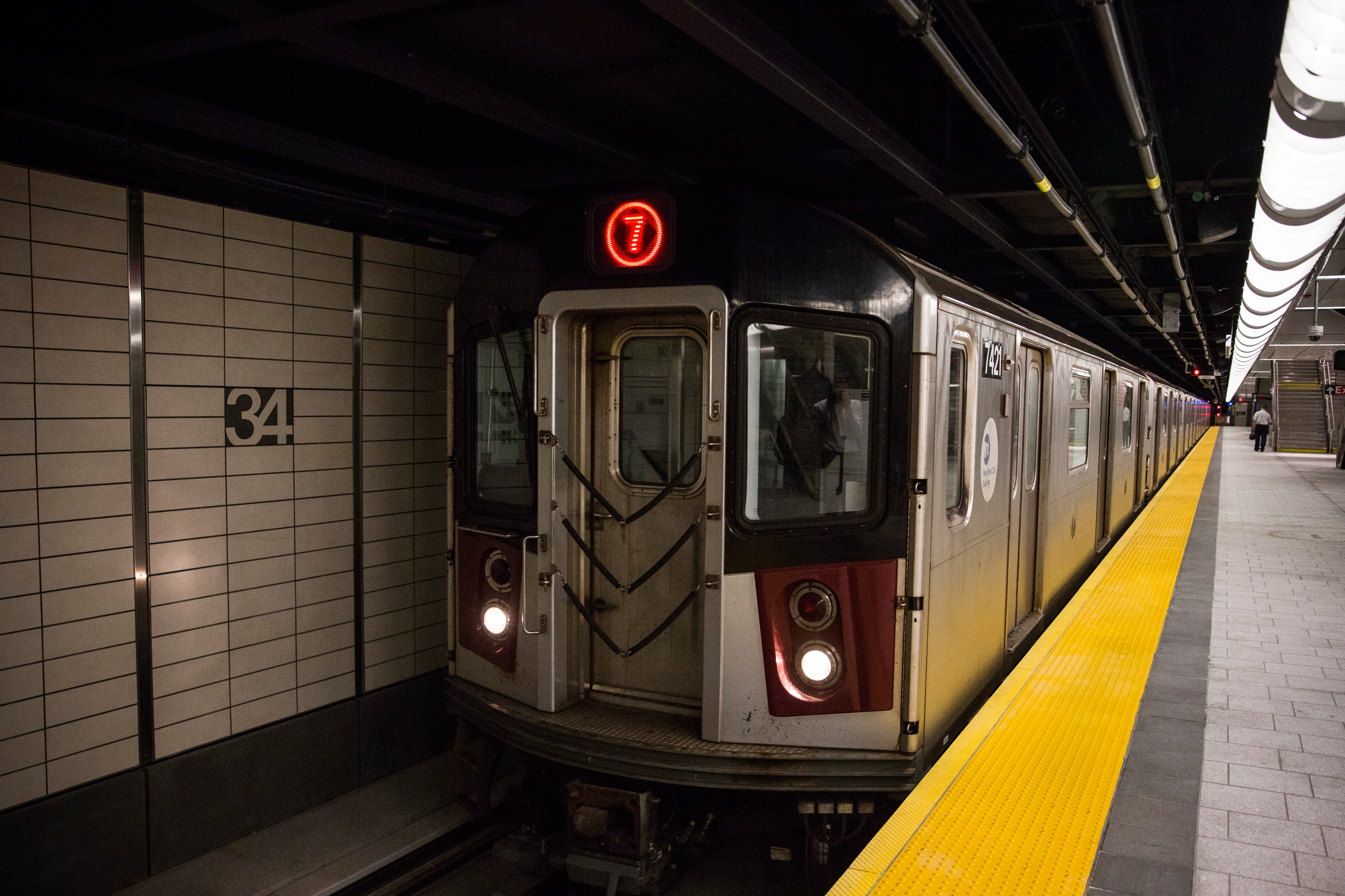 The 7 train arrives at 34th Street, Hudson Yards in 2015.