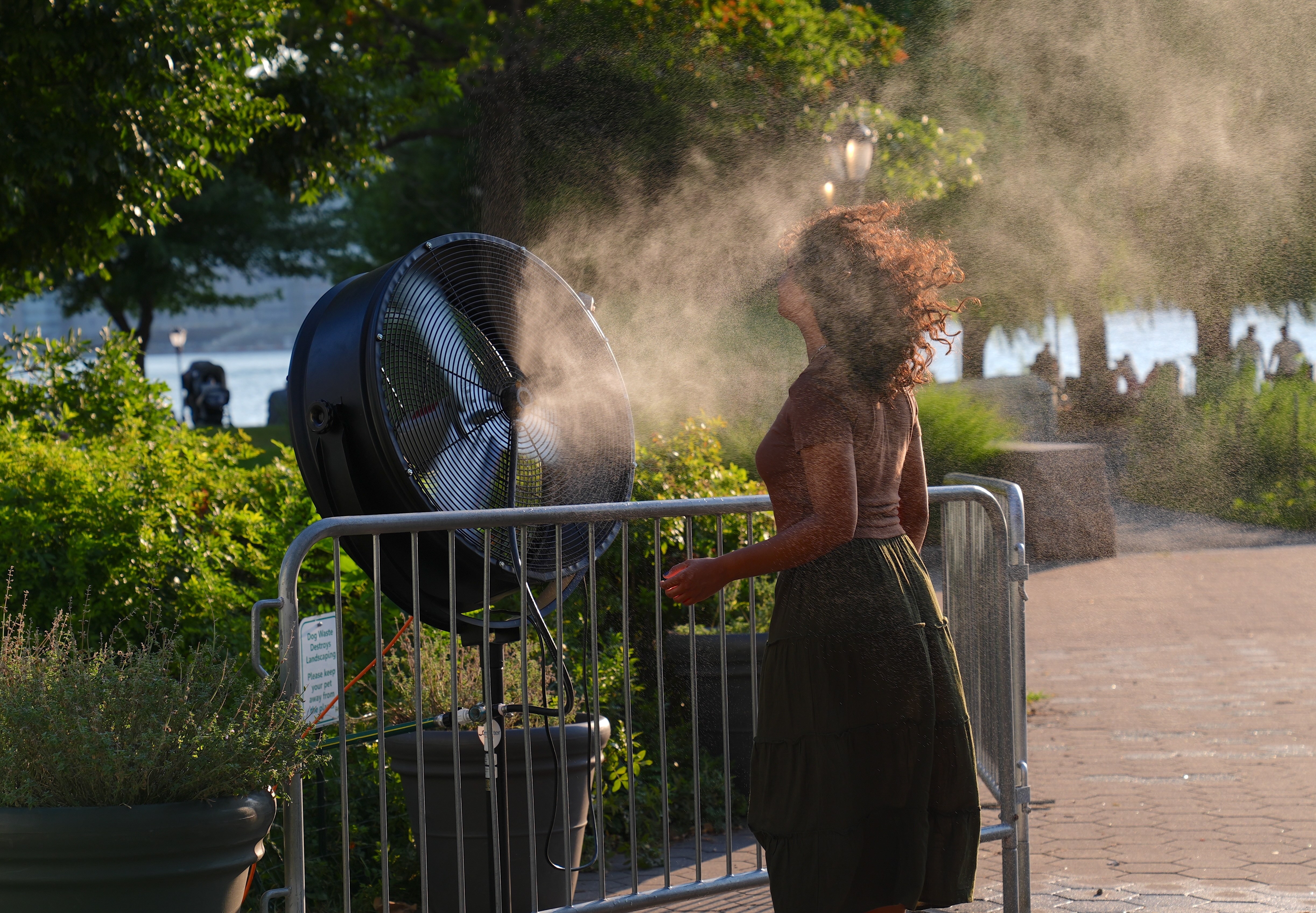 A photo of a woman standing in front of a fan.