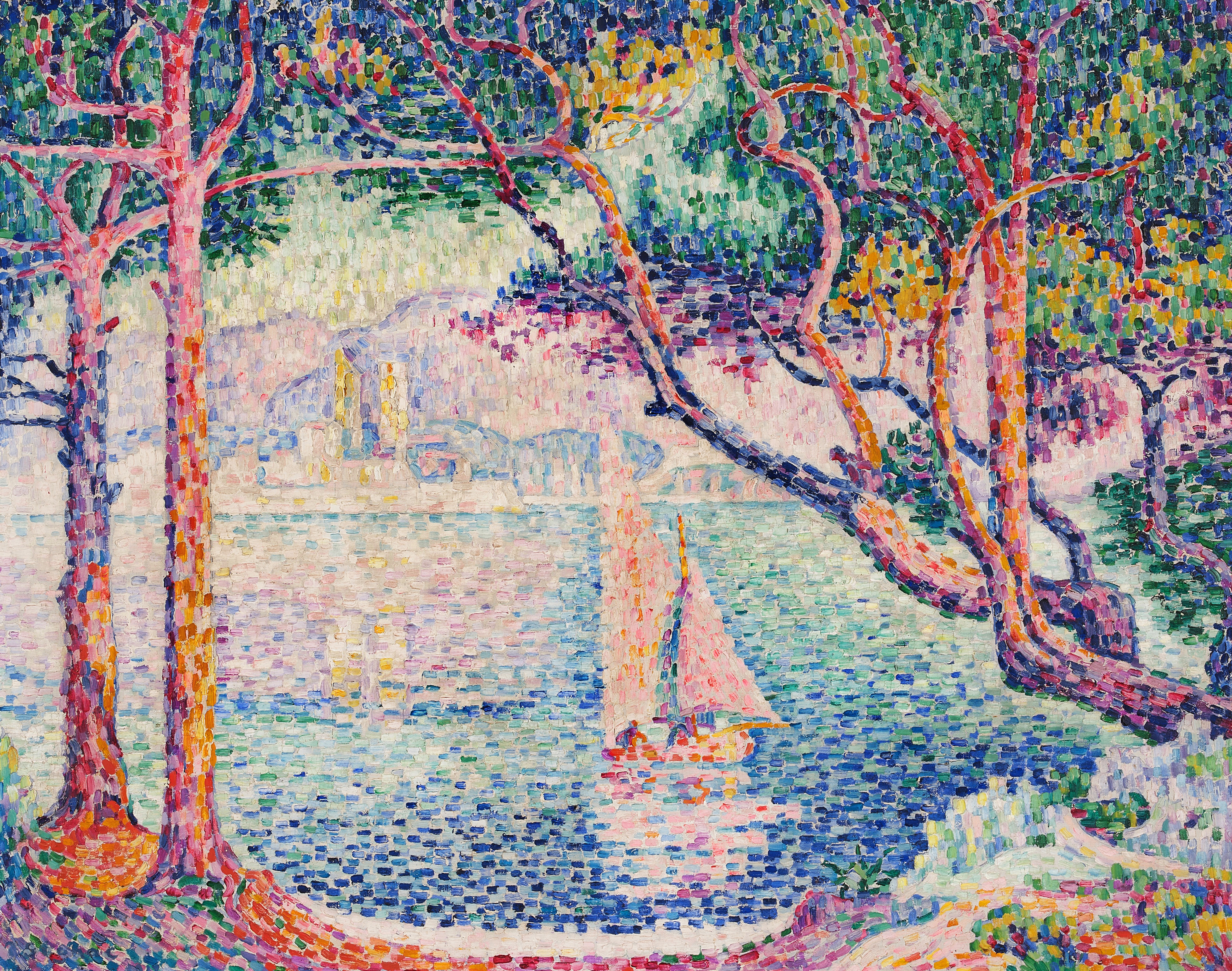 A colorful painting of a lake with a sailboat