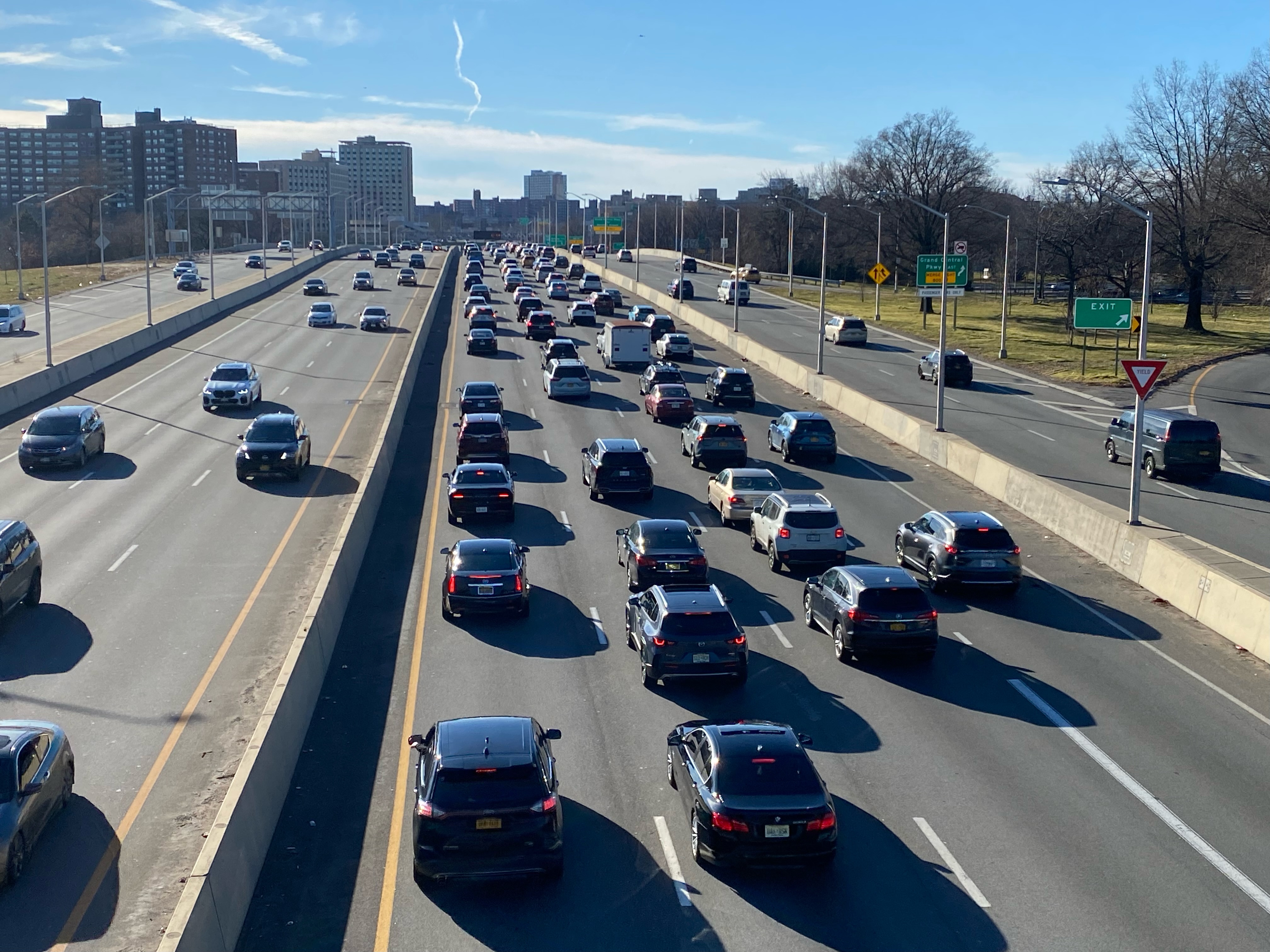 A photo of city bound traffic on the Long Island Expressway near Lefrak City, Queens, New York.