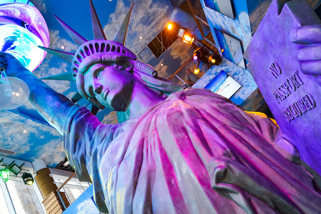a Statue of Liberty holding a margarita glass inside the Times Square Margaritaville resort