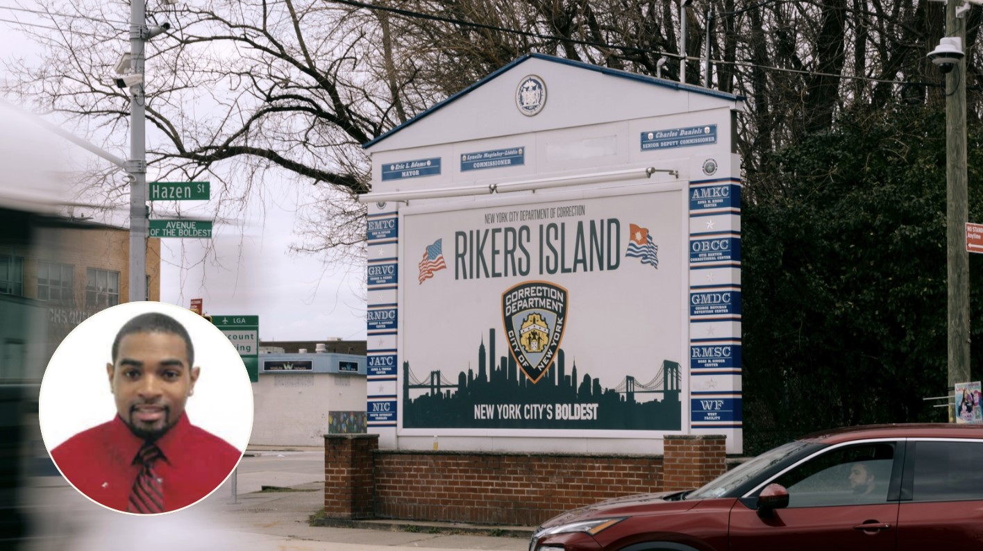 Photo of Anthony Martin Jr. placed over an image of a Rikers sign as the background