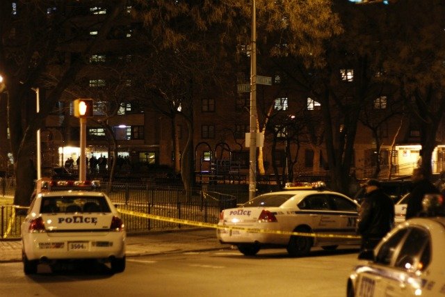 The scene at the Bushwick Houses after a cop was actually shot there last year
