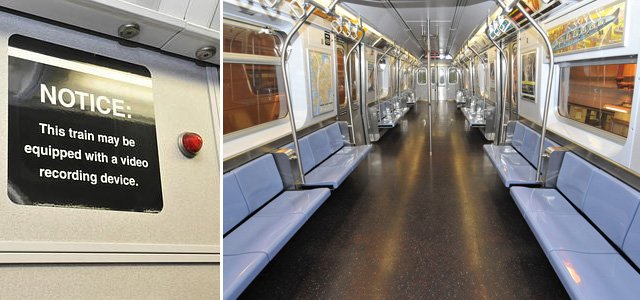 This R160 train has been retrofitted with surveillance cameras and rush hour flip-up seats, though the seating feature will not be put into use at this time.