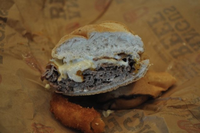 Christopher Robbins/GothamistAngus Three Cheese & Bacon SandwichThis is Arby's Angus Trojan Horse (Cow?) in that it represents the chain's foray into the more lucrative "angus" market. Surprisingly, the bacon and ranch—two items that are destined to be their own food groups in five years—were rather subtle. Less subtle is the calorie count: 660, 300 of them from fat, which surpasses even the Double Down. But Arby's angus campaign aims to "Respect the Beef," and you could say this flagship sandwich does just that.