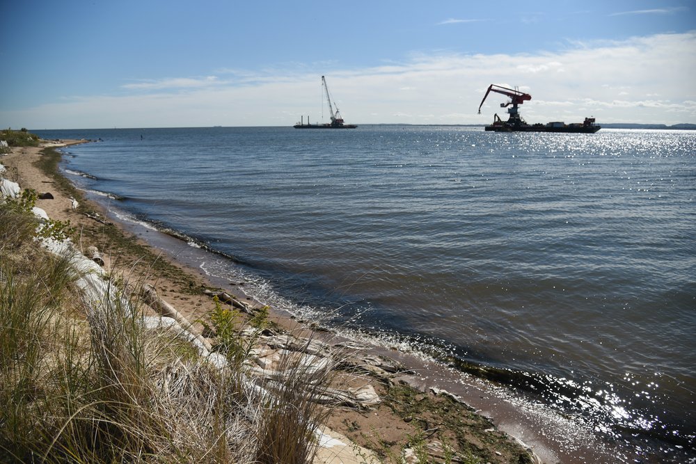 Two cranes working on the construction of the Living Breakwaters off the coast of Tottenville in Staten Island. Photo taken September 29, 2022
