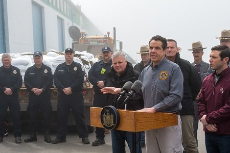Governor Andrew Cuomo surveys flood preparations being deployed along the shores of Lake Ontario in Oswego on Monday.