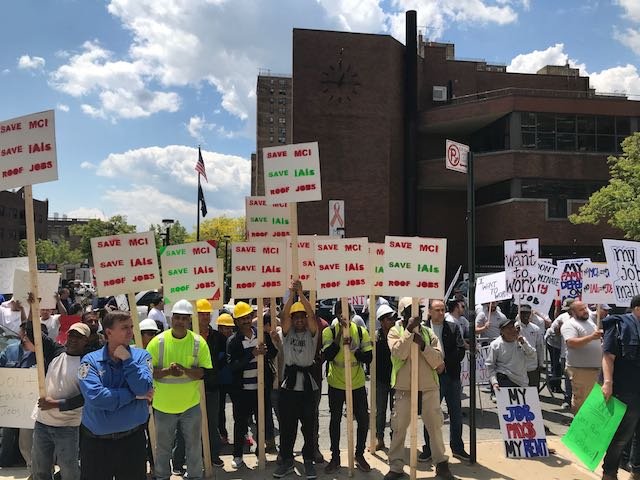 Contractors showed up to protest a hearing in May on rent reform at Medger Evers College.