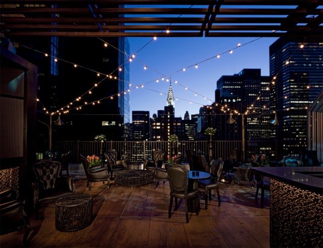 052011kimberly.jpg Upstairs at The Kimberly: This stunning lounge opened at the tail end of last summer on the 30th floor of the Kimberly Hotel. There are three bars in this joint, which wraps around several sides of the hotel, and sports a fully retractable roof and heated floor to keep you comfortable when the inevitable monsoon sweeps through. The views of the Chrysler building and city skyline are boffo, and the furnishings are elegant sexy-Gothic, with black leather armchairs, ivy walls, a blue marble bar, and strings of incandescent bulbs. But this place is not for those with a fear of high prices: cocktails are in the $18 rage. They are very good cocktails, but still, brace for impact. The food is less cost-prohibitive and tastier than you might expect. 145 East 50th Street, 212-702-1600, Monday - Wednesday from 5 p.m. to 1 a.m., Friday until 3:30 a.m., Saturday from 11:30 a.m. to 3:30 p.m. and then from 6 p.m. to 2 a.m., and Sunday from 11:30 a.m. to 11 p.m.
