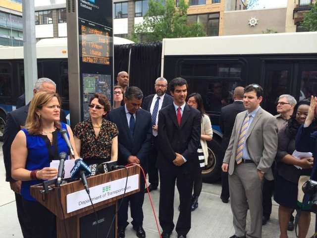 City Council Speaker Melissa Mark-Viverito at today's press conference, with an SBS bus pulling up in the background.