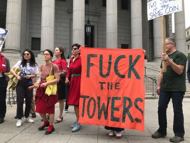Protesters against the Two Bridges development outside court today.