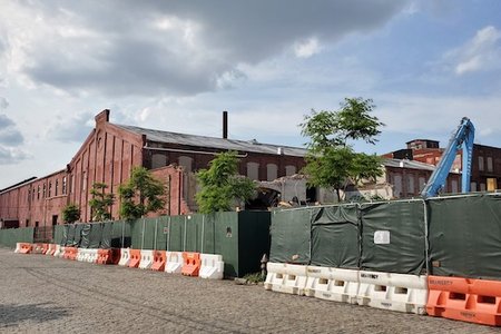 What remains of the facade along Coffey Street.