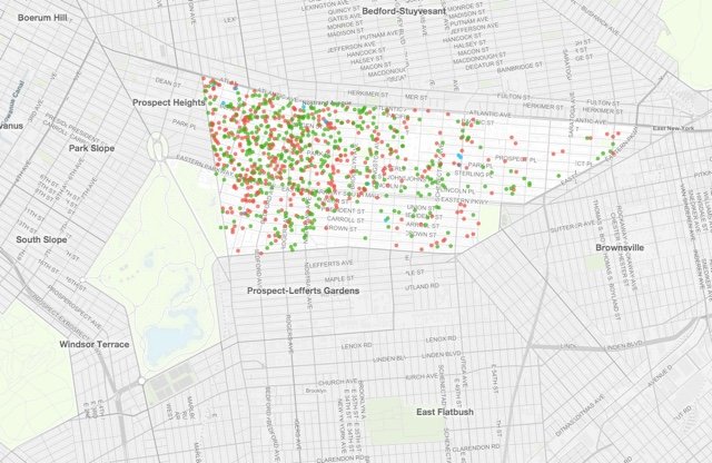 Airbnb listings of Crown Heights, as of June 1st. The red dots represent entire apartments/homes rented (via Inside Airbnb).