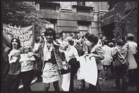 STAR co-founder Marsha Johnson at a Gay Liberation Front demonstration at City Hall, New York, in 1973