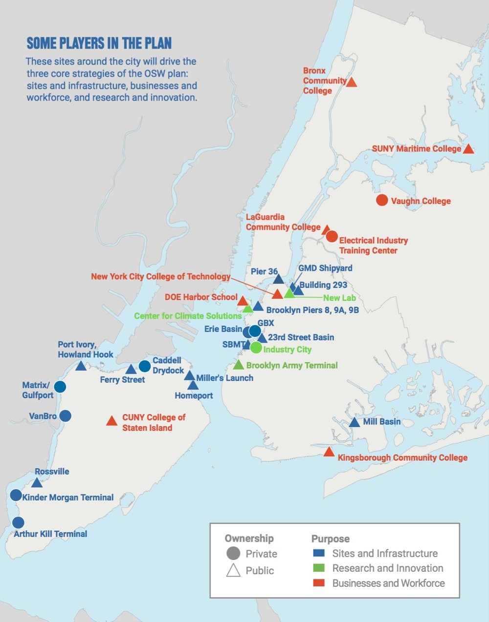 A map of sites that could support New York’s offshore wind industry, as found in the NYCEDC’s 2021 Offshore Wind NYC plan.