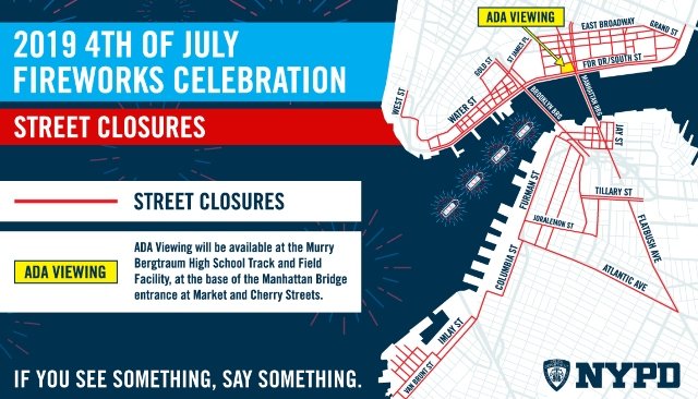 A map showing all the street closures today and tonight for the 2019 July 4th fireworks display.