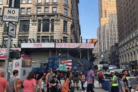 A Liberty dump truck in Herald Square.