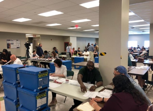 Preparations for the recount underway at the BOE’s Queens voting machine facility inside the Metro Mall in Middle Village.