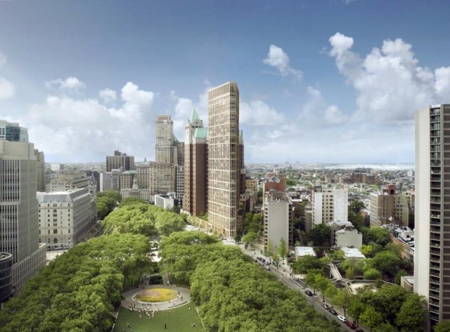 A rendering of the proposed luxury condo, with a library on the first floor
