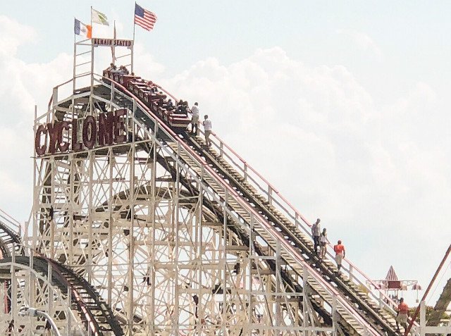 Riders climbing down the Cyclone on Saturday