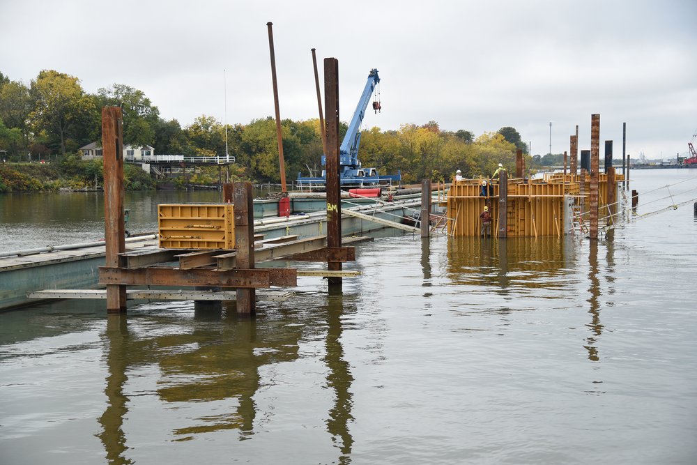 A new section of pier being built at the Port of Paulsboro, which will be used to load completed offshore wind monopiles onto barges, to be transported further down the Delaware River.