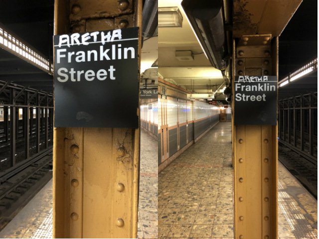 081518aretha3.jpg Two more of the "Aretha" Franklin Street signs, also located on the northbound side of the station