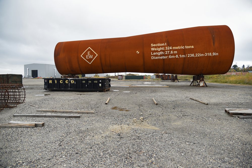 A section of an offshore wind monopile, outside of the new offshore wind manufacturing facility located at the Port of Paulsboro.