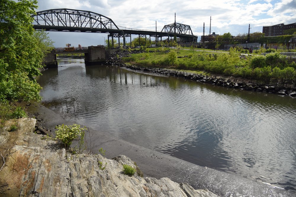 Looking across the Bronx River towards the southern entrance of Starlight Park. The green hillside here was previously a parking lot for impounded cars.