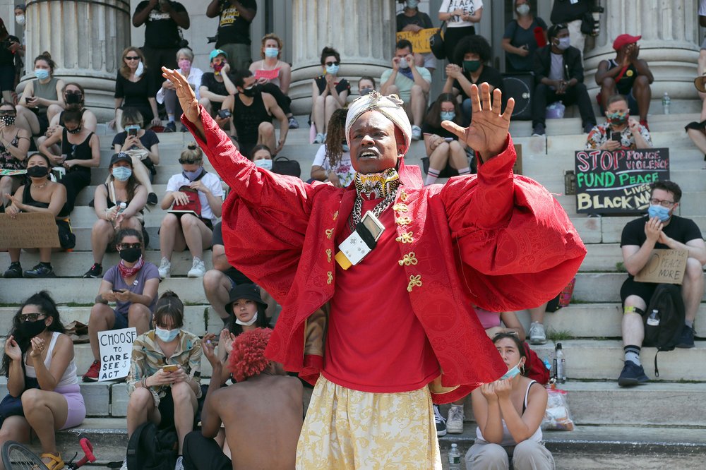 Brooklyn Rapper "Paperboy Prince" speaks at a Black Lives Matter rally and march outside Brooklyn Borough Hall on June 9, 2020.