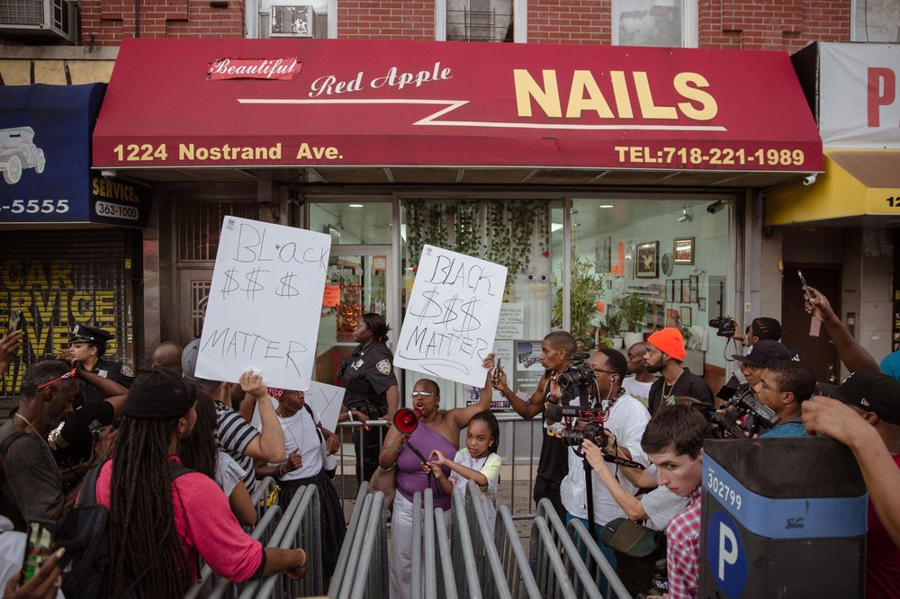 10c5f7e4920180807gothamist_nailsalonprotest-16-jpg.jpeg Protesters enraged by recent footage of nail salon employees assaulting black customers in Flatbush, Brooklyn, held a march and blocked another salon on Nostrand Avenue Tuesday night.<br>