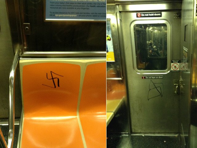 A pair of swastikas drawn on a subway car back in November 2016.