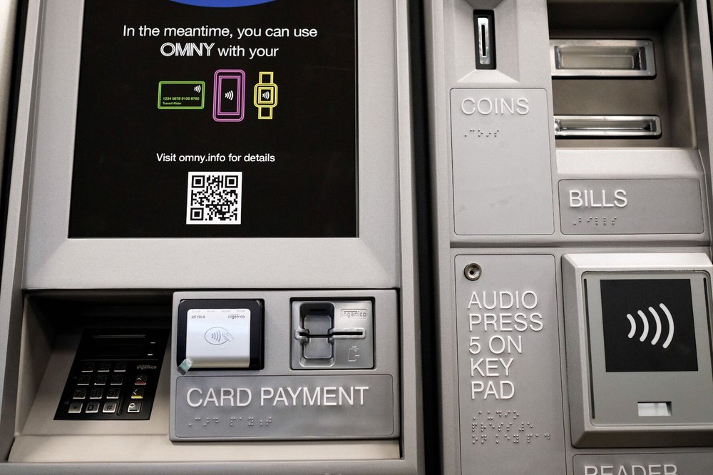 An OMNY vending machine displayed at MTA headquarters in lower Manhattan.