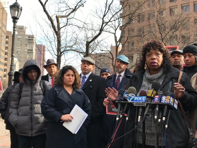 Gwen Carr at a press conference outside NYPD headquarters on Thursday.