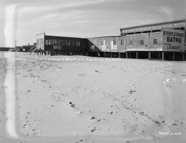 130512oldrock.jpeg "100 feet south of north line of Boardwalk at west Property Line of Beach. 100th Street. General view of buildings, "Steeplechase Baths, Rockaway Laundry. December 14, 1927."