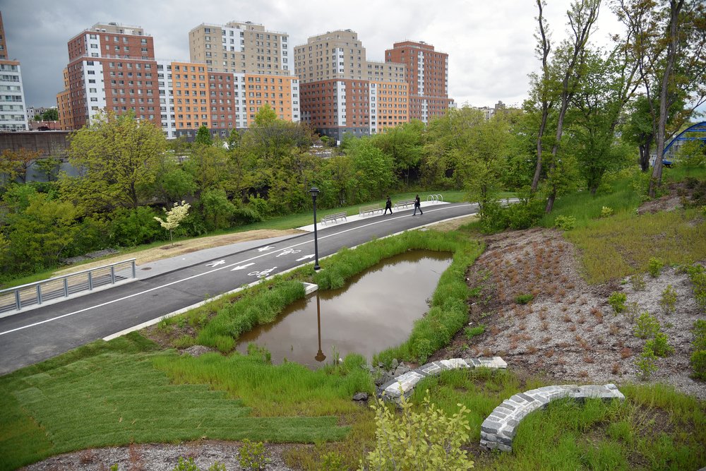 Several systems of stone weirs and rainwater detention ponds have been built throughout the new sections of Starlight Park, to capture and detain stormwater, before slowly releasing it into the Bronx River.