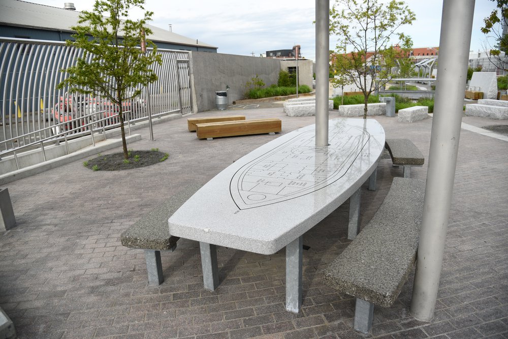 18_Kensinger_Newtown_Creek_Nature_Walk_DSC_2022.jpg Under the shelter is a table etched with the blueprint for the USS Monitor, the famed ironclad warship that was built in Greenpoint during the Civil War. May 7th, 2021