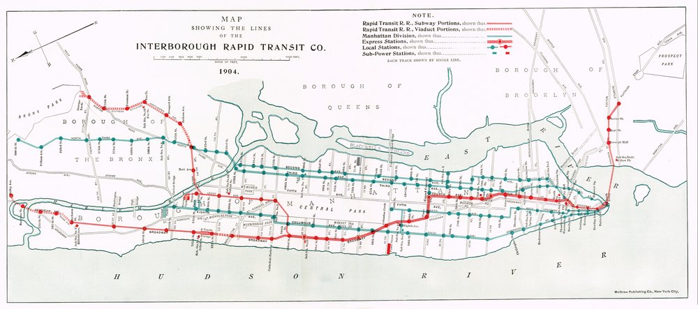 A photo of The first colored NYC subway map (red=subway, blue=elevated)