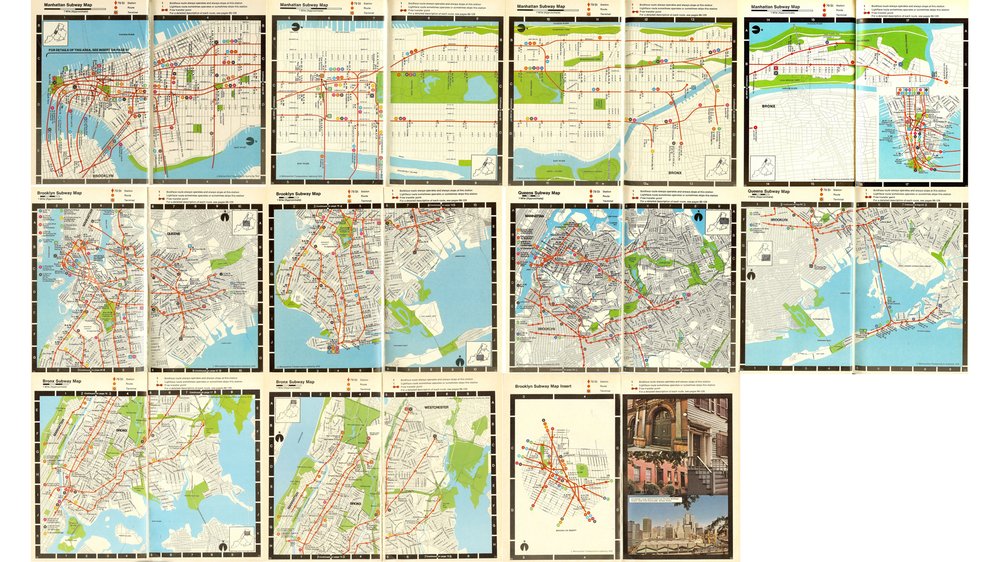 A photo of the 21-page assemblage of John Tauaranac's map in the 1976 MTA guidebook 'Seeing NY'