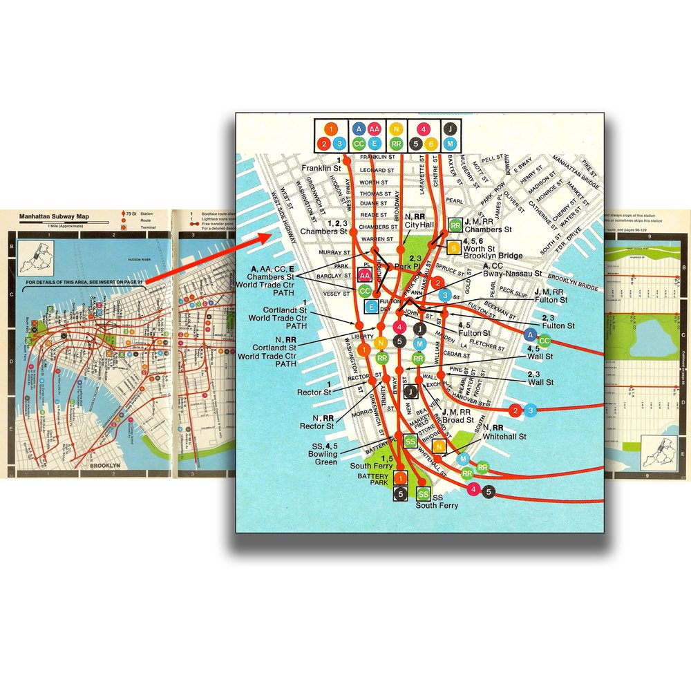 A close-up of Lower Manhattan from John Tauranac's map in the 1976 MTA guidebook 'Seeing NY'