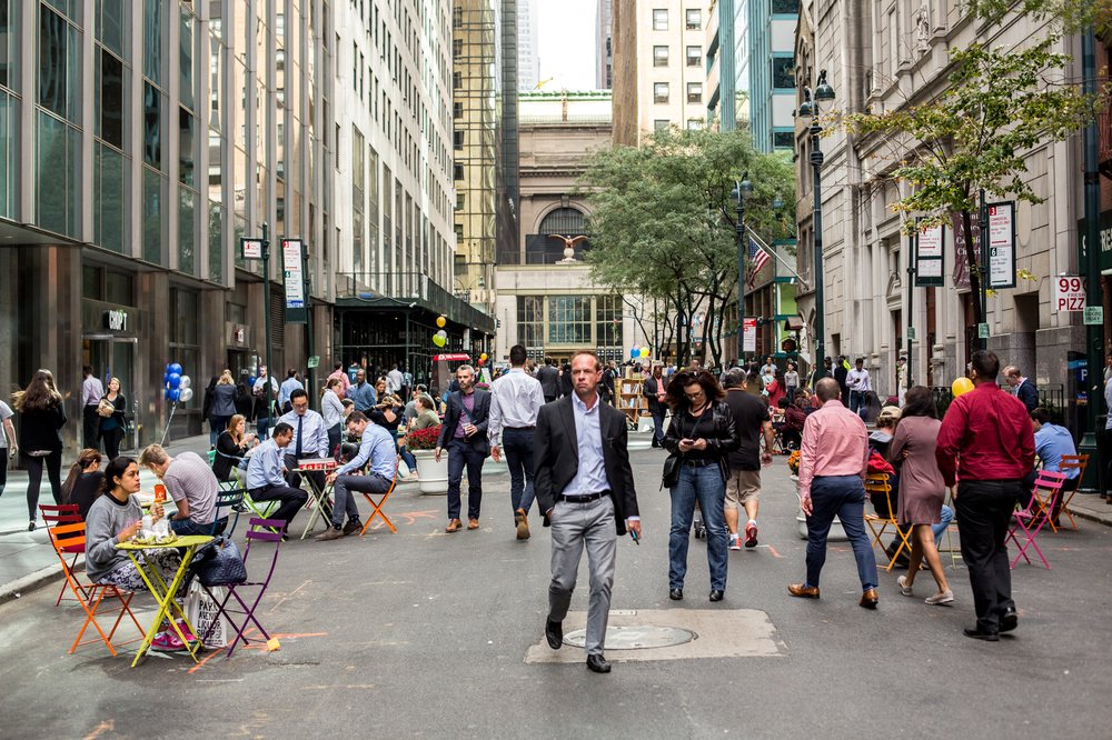 Pedestrians take advantage of a car-free 43rd Street in East Midtown Friday afternoon.