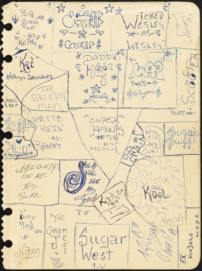 Ex-Vandals (Experienced Vandals). Notebook page with tags of various members of the Ex-Vandals. Tags on recto include those of Big Time Glass Top, Conrad is Bad, Wicked Wesley, Scooter, Sugar Sweet, Sister Kool, Dino Nod, Sugar West, Super Hawk #70, Wap, Daddy Kool, Ghetto Reid, and Mighty Ike. Tags on verso include those of Krickit, Dollar Bill, and Super Soul or WG. From a notebook which belonged to Wicked Gary while he was still at Erasmus Hall High School.