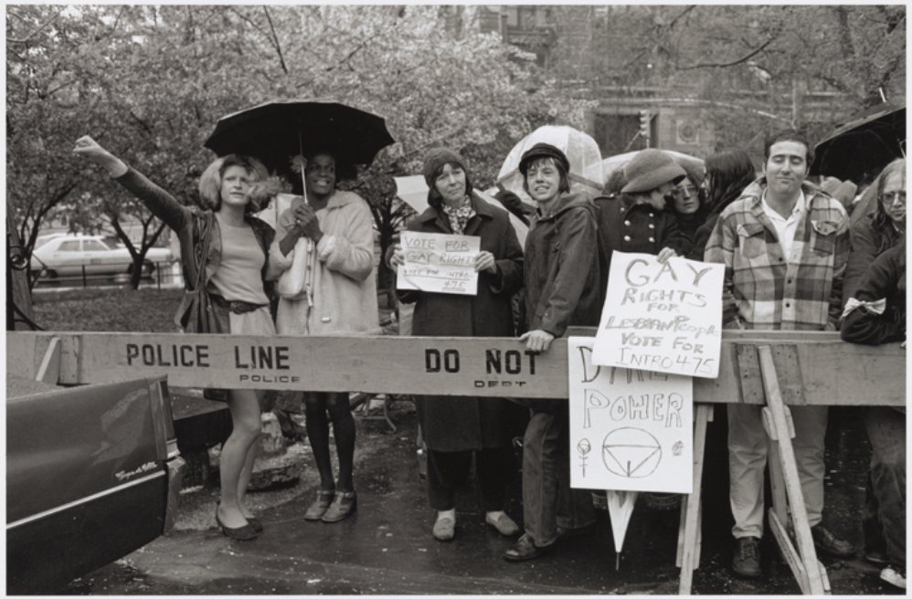 Gay rights activists at City Hall rally for gay rights: Sylvia Ray Rivera, Marsha P. Johnson, Barbara Deming, and Kady Vandeurs, 1973<br/>
