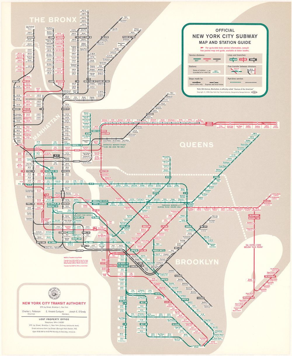 George Salomon, Official New York Subway Map and Station Guide, 1958, 2004.19.65, Map Collection;