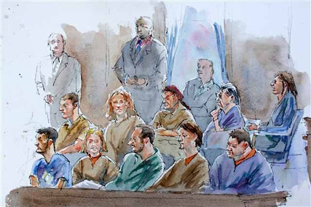 Courtroom sketch of (bottom row from right) Richard Murphy, Cynthia Murphy, Donald Howard Heathfield, Tracey Lee Ann Foley, Michael Zottoli, and (top row from right) Patricia Mills, Juan Lazaro, Vicky Pelaez, Anna Chapman, and Mikhail Semenko during their arraignment in Manhattan federal court yesterday