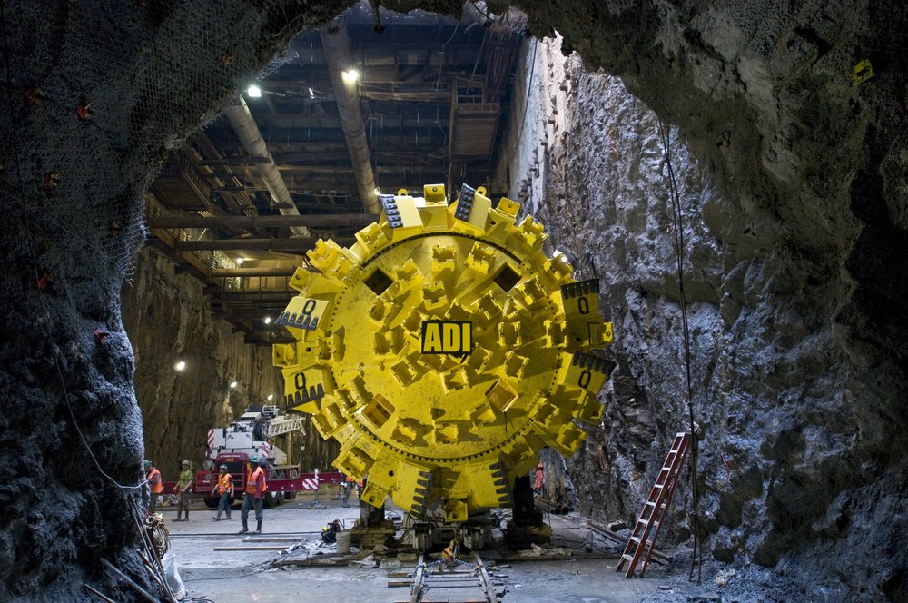 A huge tunnel boring machine underground.